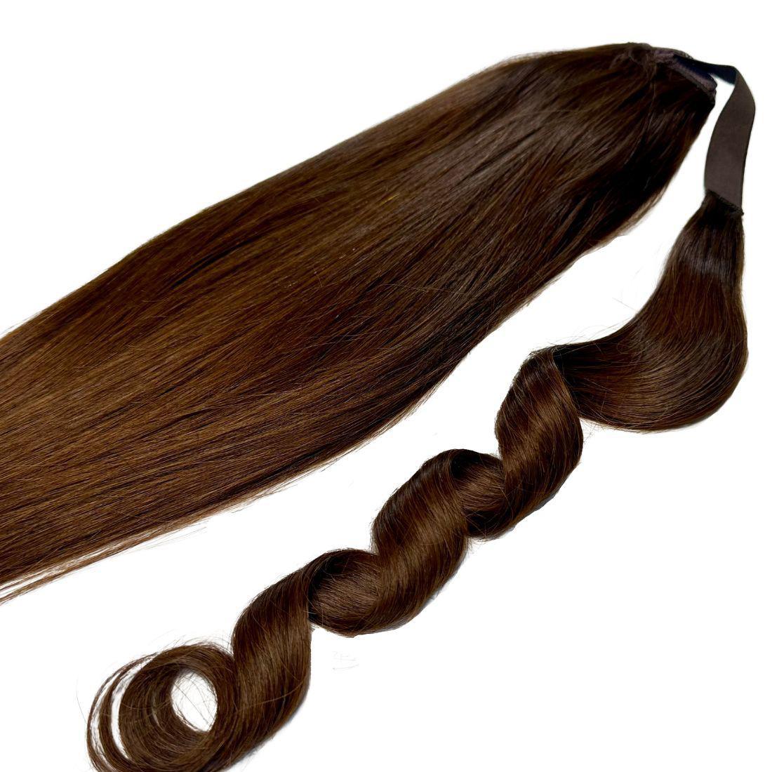 Side view showing length of 20" Dark Brown Ponytail Extension HookedOnBundles Virgin Hair