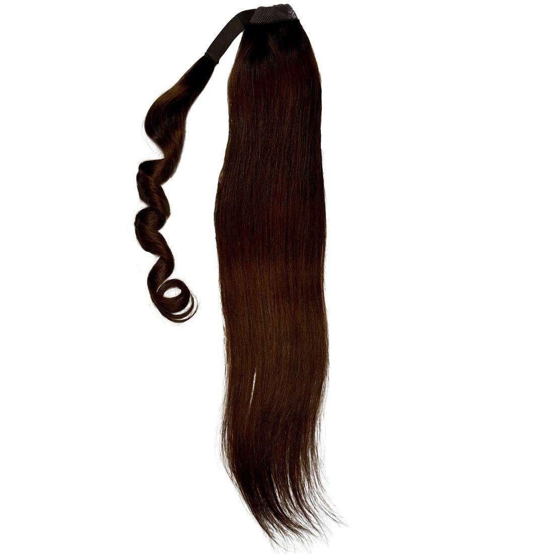 20" Dark Brown Ponytail Extension wrap-around attachment detail HookedOnBundles Virgin Hair