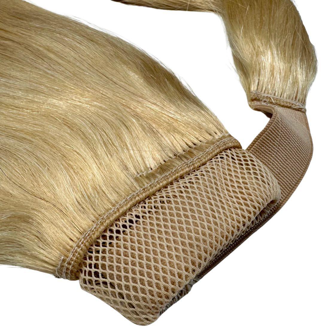 20" Bleach Blonde Ponytail Extension wrap-around attachment detail HookedOnBundles Virgin Hair