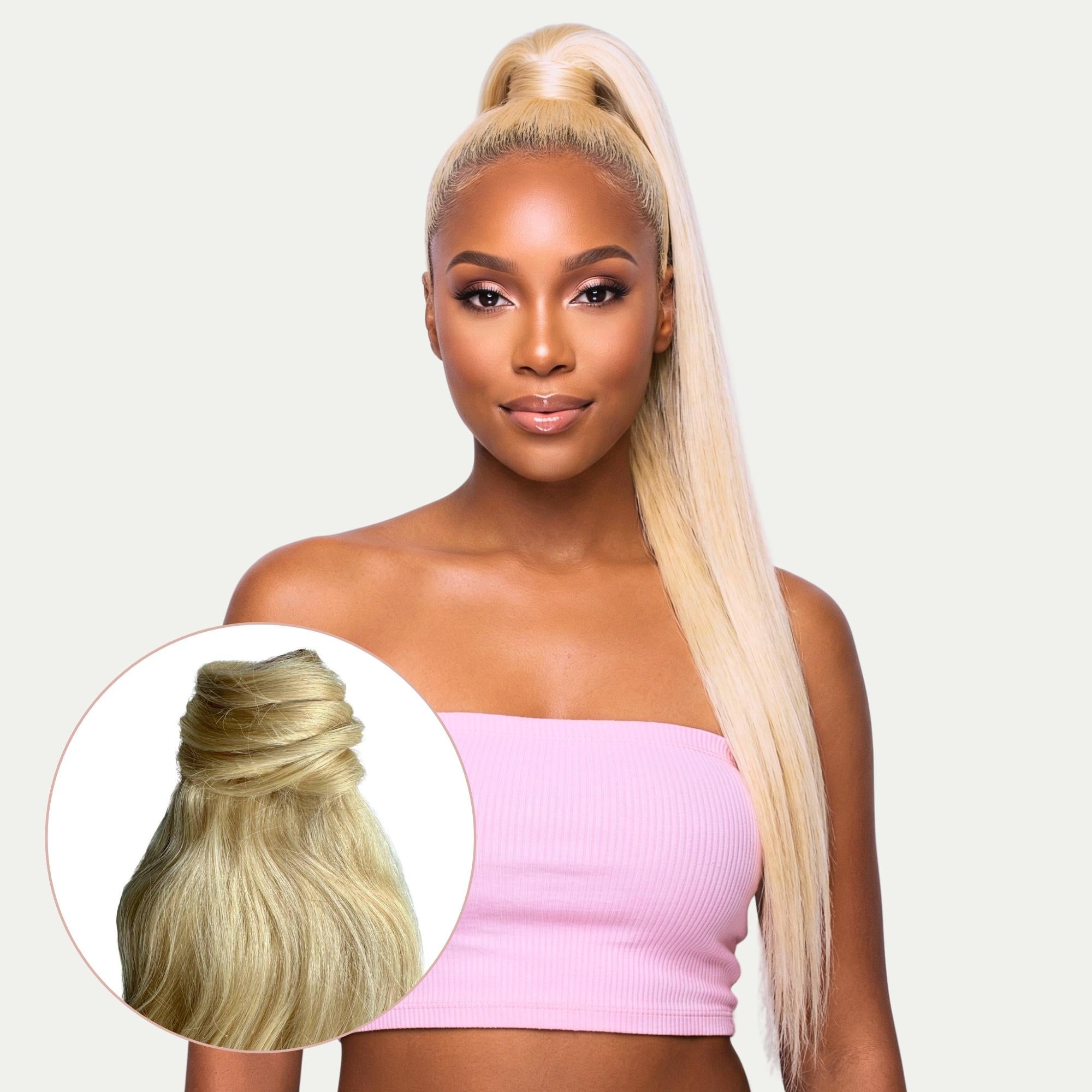 Front view of 20" Bleach Blonde Human Hair Ponytail Extension - HookedOnBundles Virgin Hair