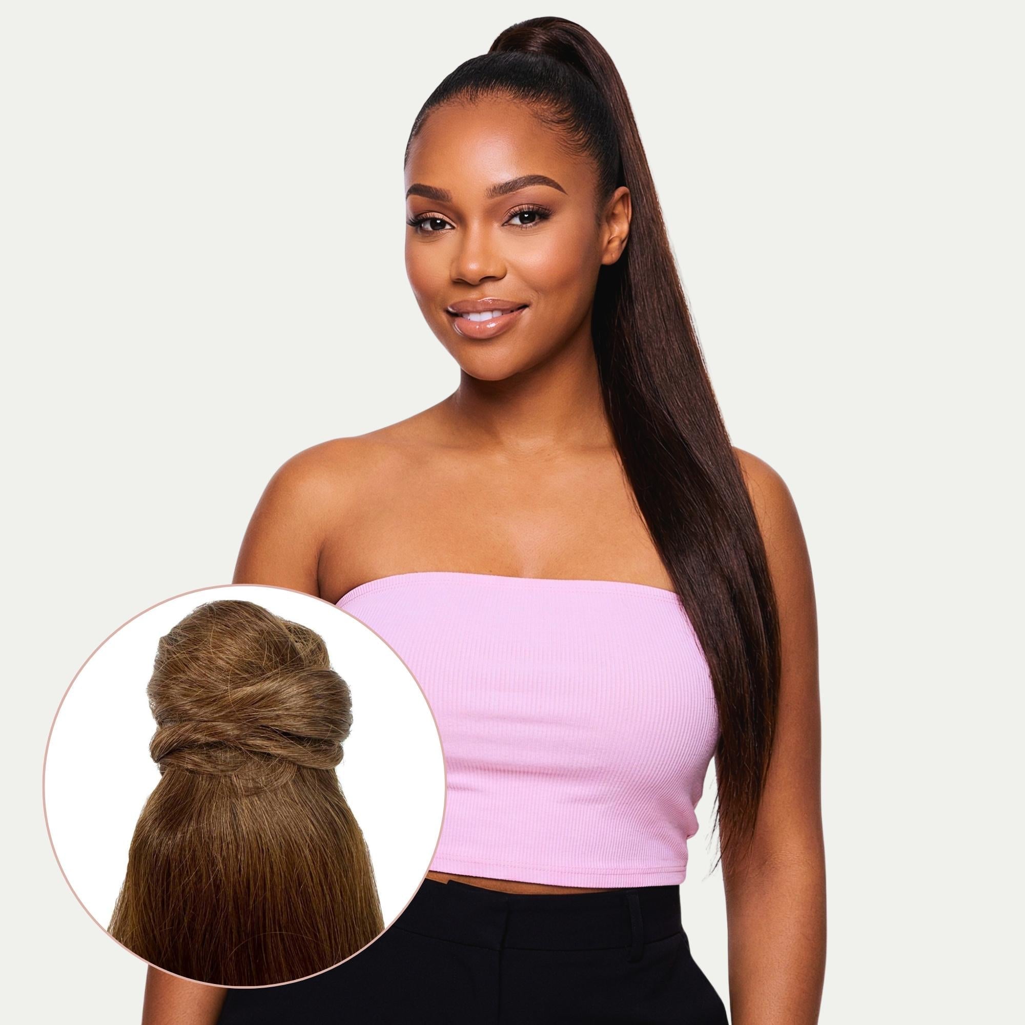 Front view of 20" Dark Brown Human Hair Ponytail Extension - HookedOnBundles Virgin Hair HookedOnBundles Virgin Hair