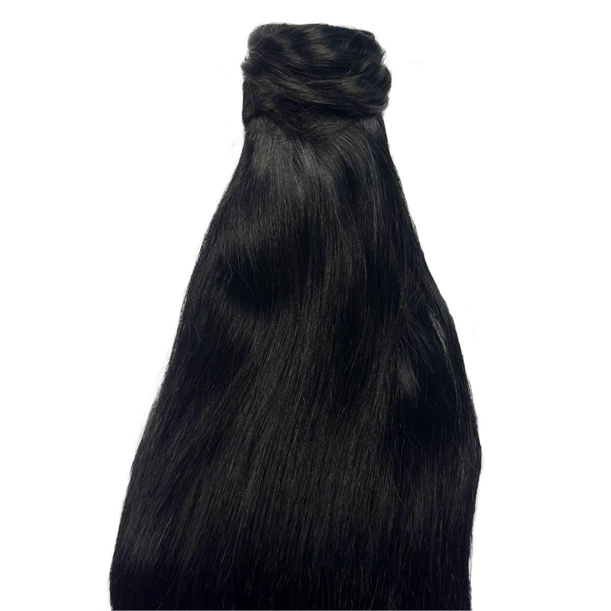 20" Jet Black Ponytail Extension wrap-around attachment detail HookedOnBundles Virgin Hair