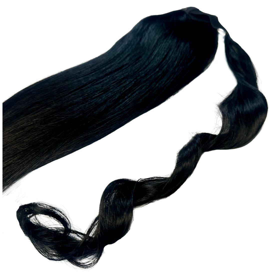 20" Jet Black Ponytail Extension shine and color detail HookedOnBundles Virgin Hair