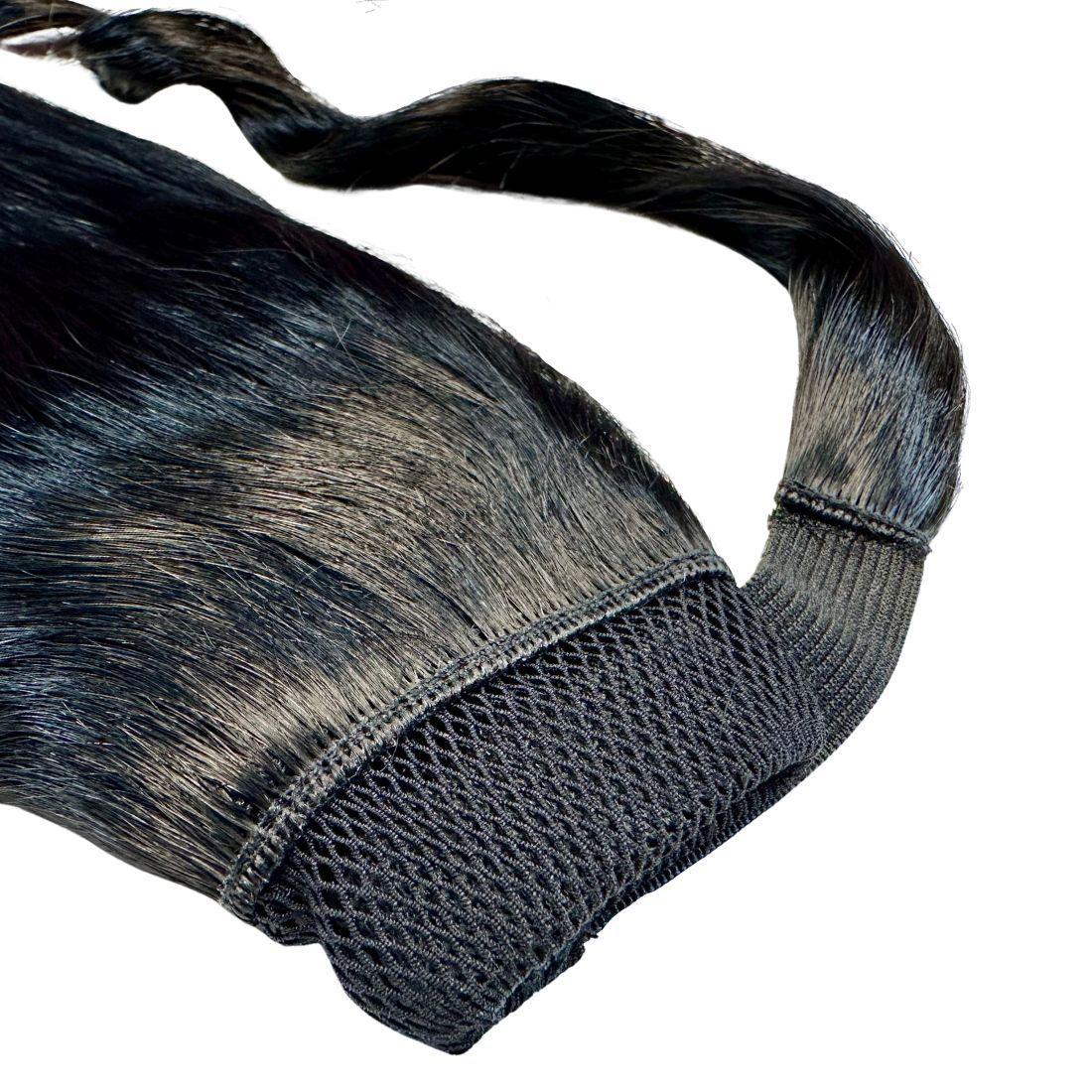 20" Jet Black Ponytail Extension styled high pony on model HookedOnBundles Virgin Hair