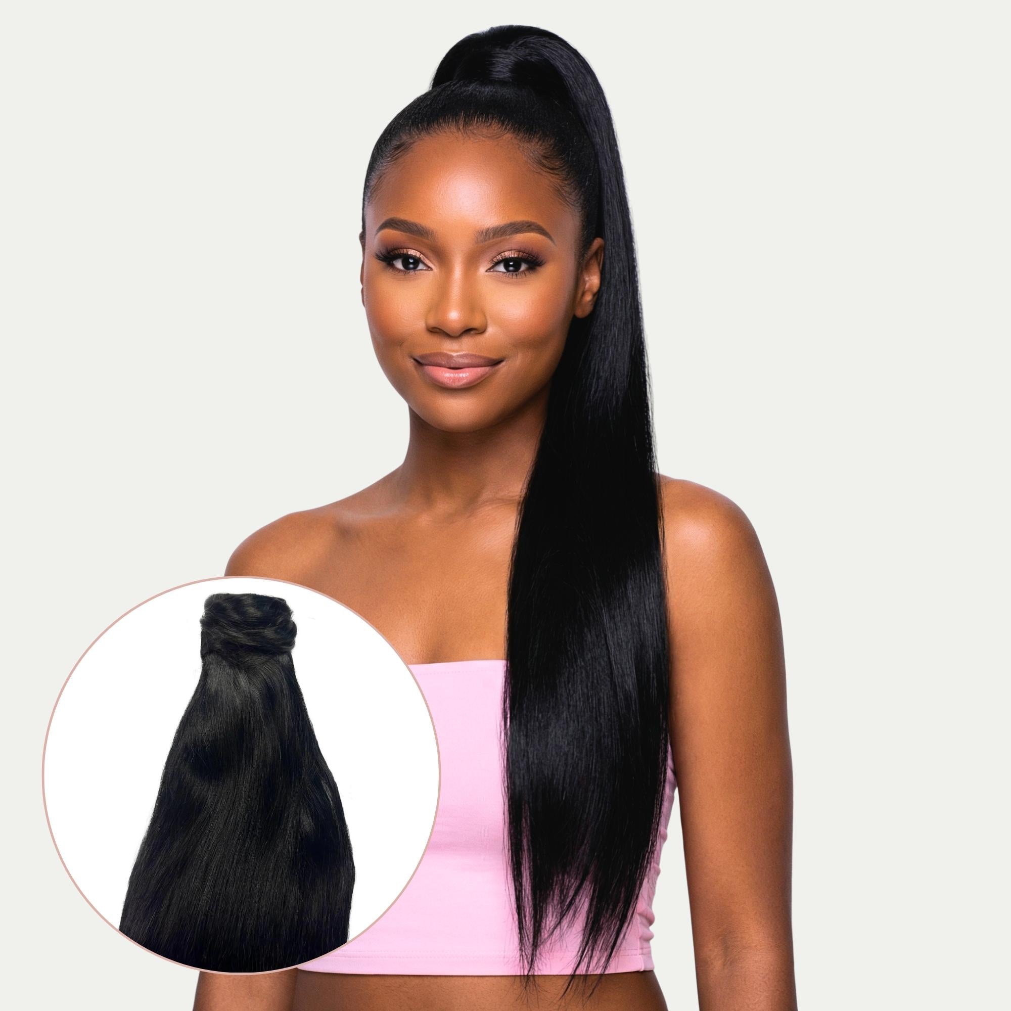 Front view of 20" Jet Black Human Hair Ponytail Extension - HookedOnBundles Virgin Hair HookedOnBundles Virgin Hair