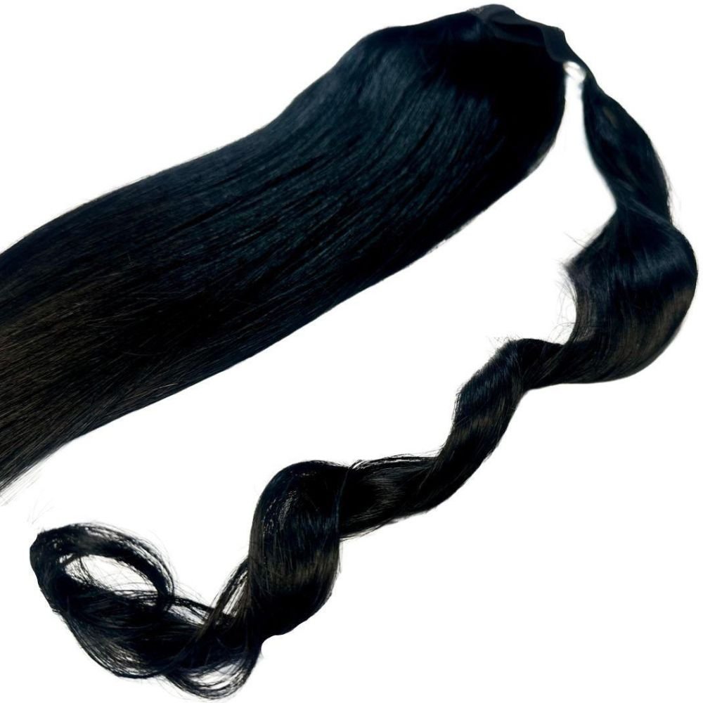 Back view of 20" Jet Black Ponytail Extension styled high pony HookedOnBundles Virgin Hair