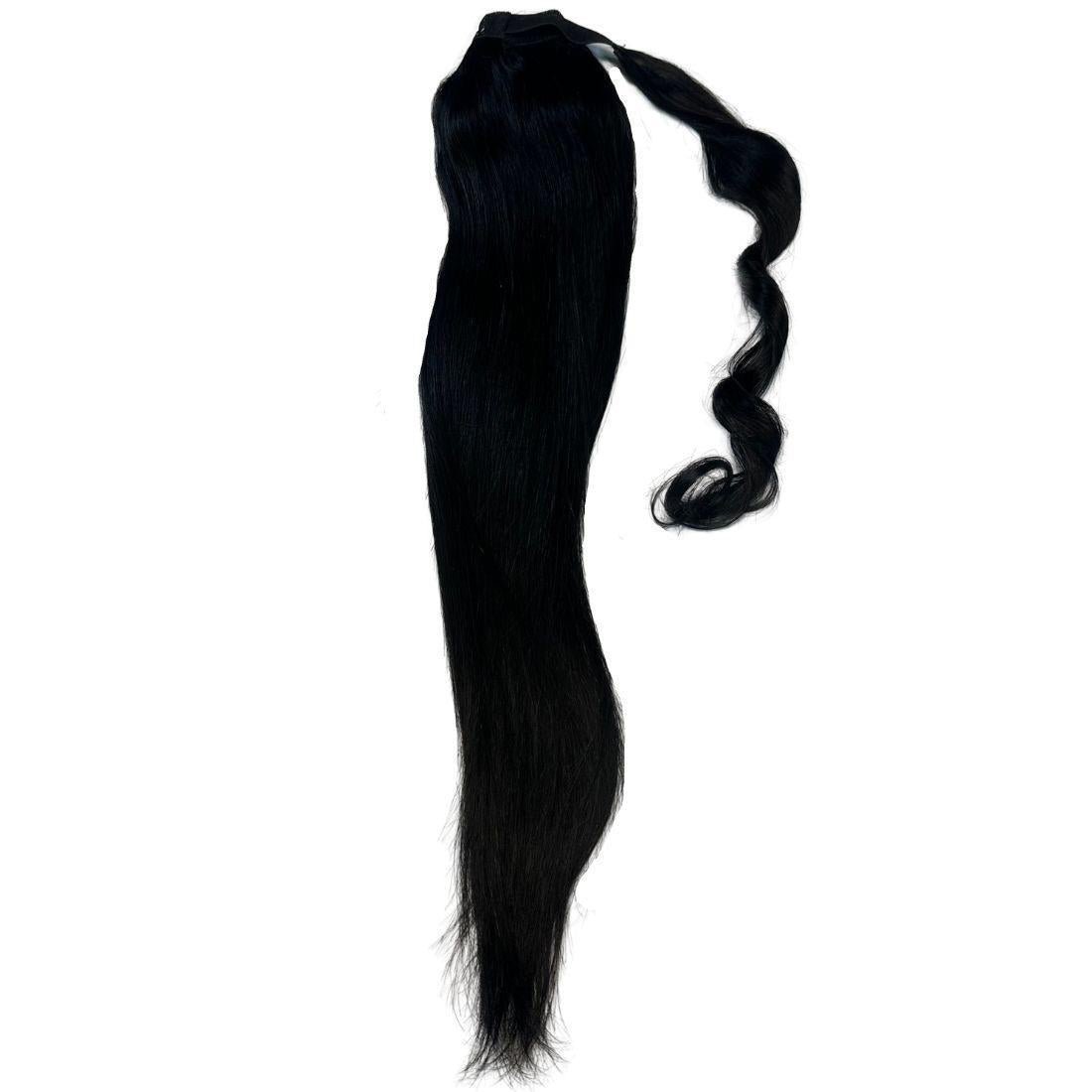 20" Jet Black Ponytail Extension shown against natural hair for color match HookedOnBundles Virgin Hair