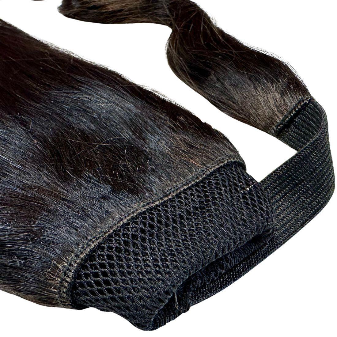 20" Natural Black Ponytail Extension wrap-around attachment detail HookedOnBundles Virgin Hair