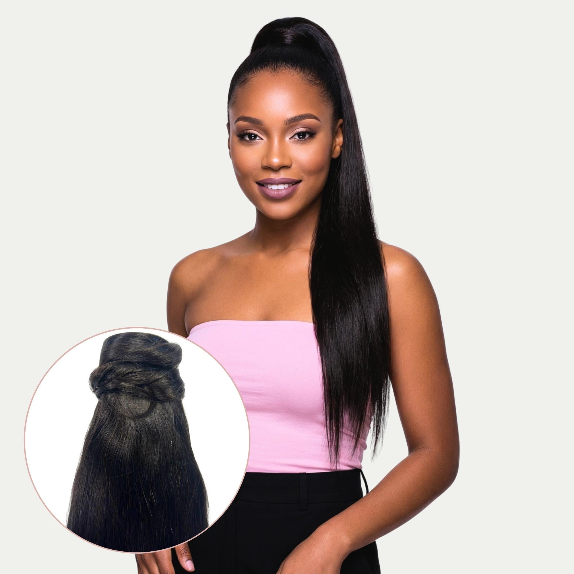 Front view of 20" Natural Black Human Hair Ponytail Extension - HookedOnBundles Virgin Hair