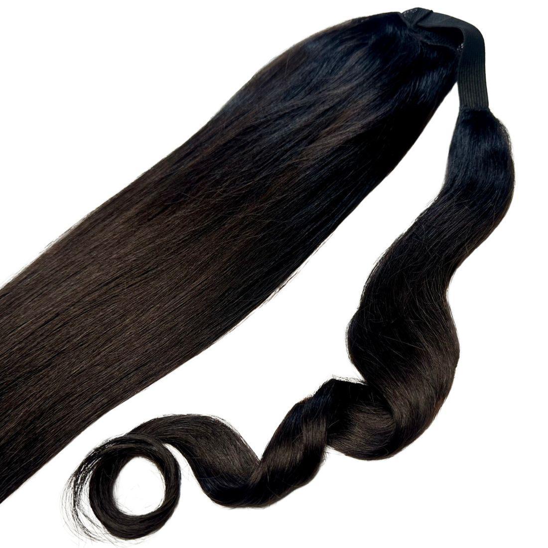 20" Natural Black Ponytail Extension styled high pony on model HookedOnBundles Virgin Hair