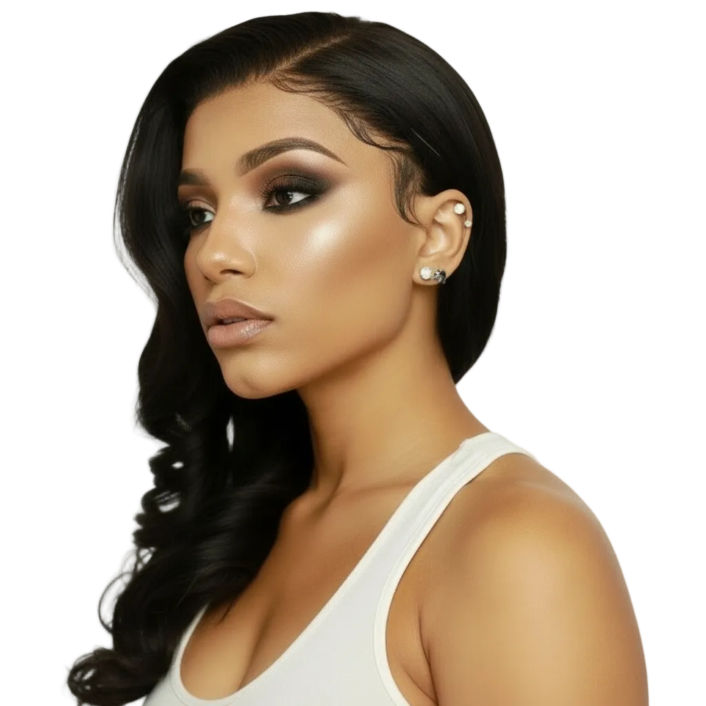 Woman with colorful makeup and a white top on a white background HookedOnBundles Virgin Hair