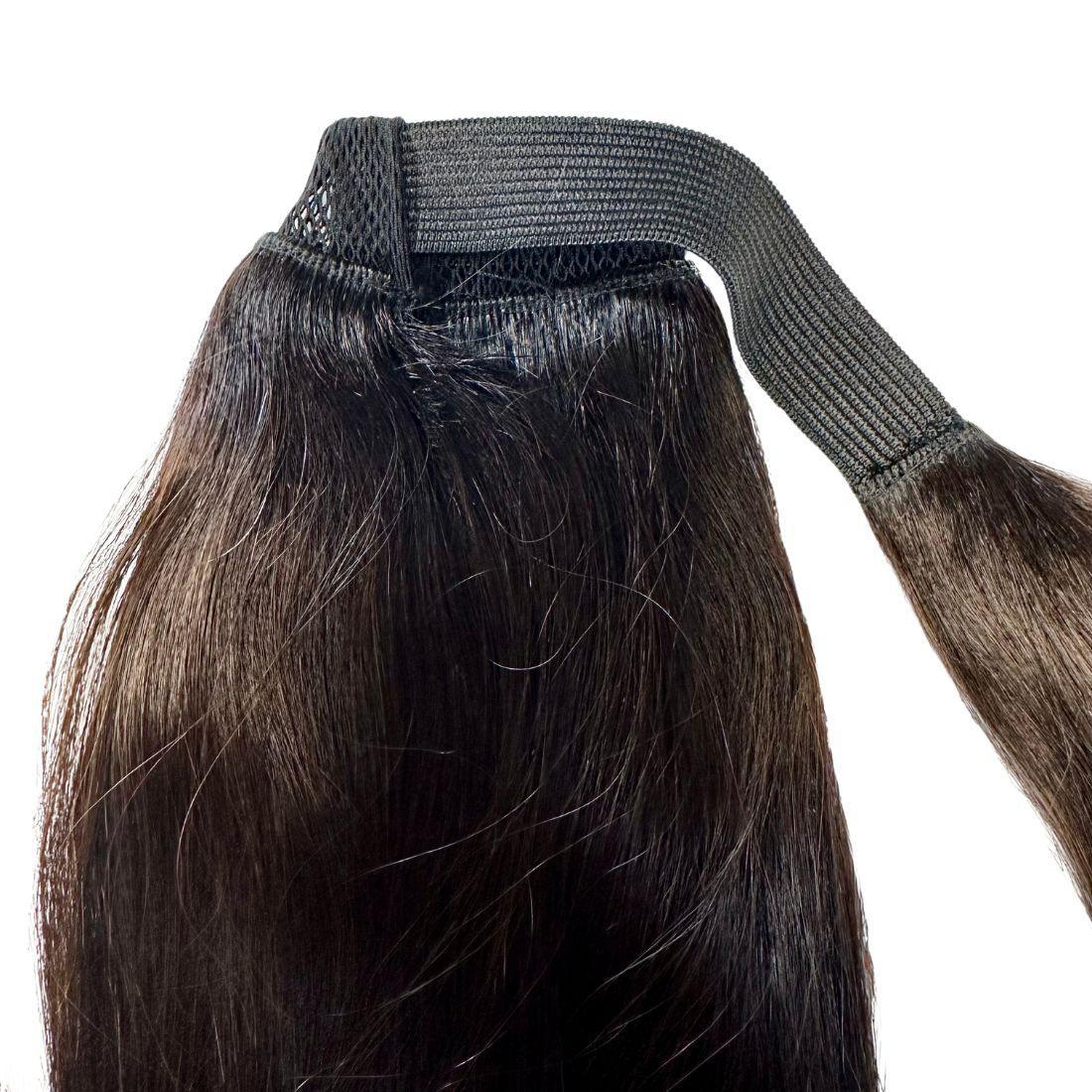 Side view showing length of 20" Natural Black Ponytail Extension HookedOnBundles Virgin Hair