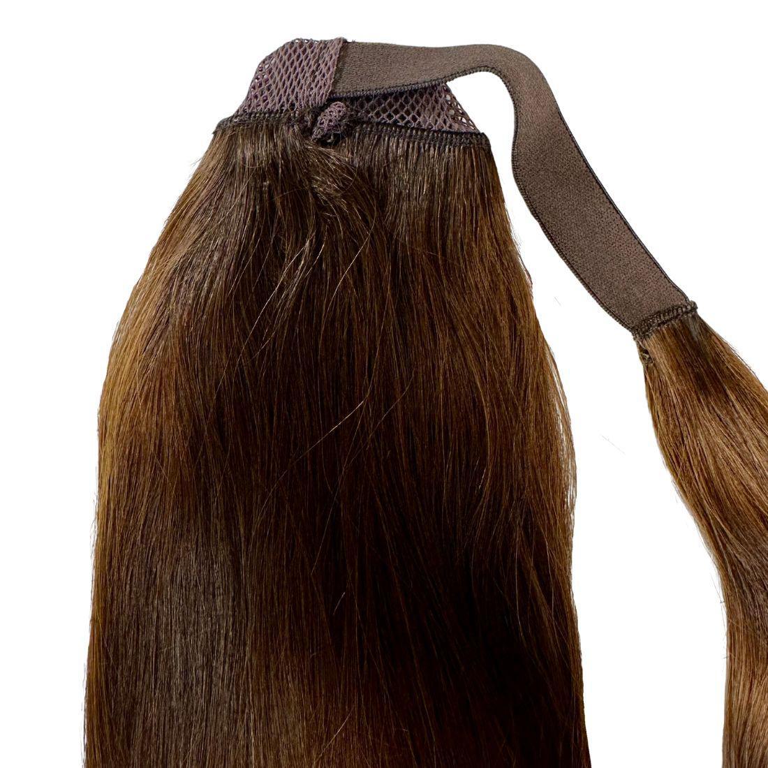 20" Dark Brown Ponytail Extension shine and color detail HookedOnBundles Virgin Hair