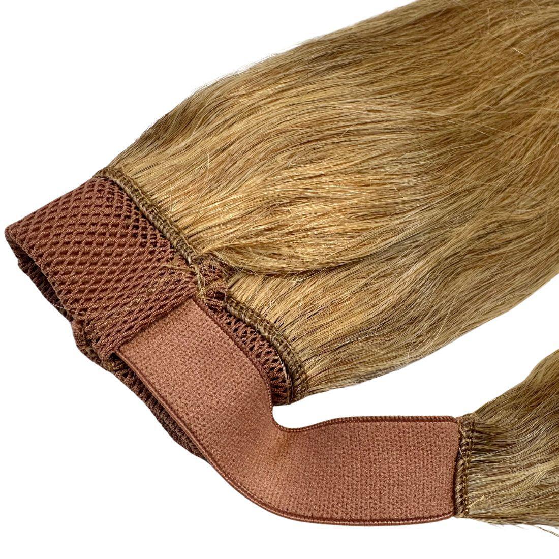 Honey Blonde Ponytail Extension wrap-around attachment detail HookedOnBundles Virgin Hair