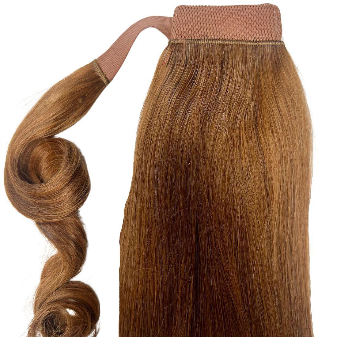 Side view showing length of Auburn Ponytail Extension HookedOnBundles Virgin Hair