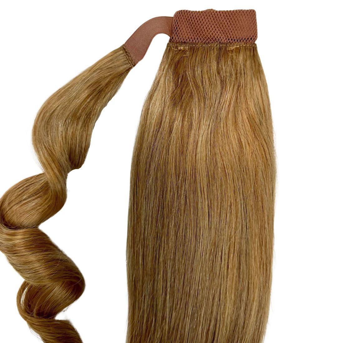 Honey Blonde Ponytail Extension styled high pony on model HookedOnBundles Virgin Hair