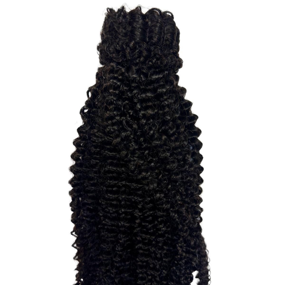 Side view showing length of Jerry Curl Ponytail Extension HookedOnBundles Virgin Hair