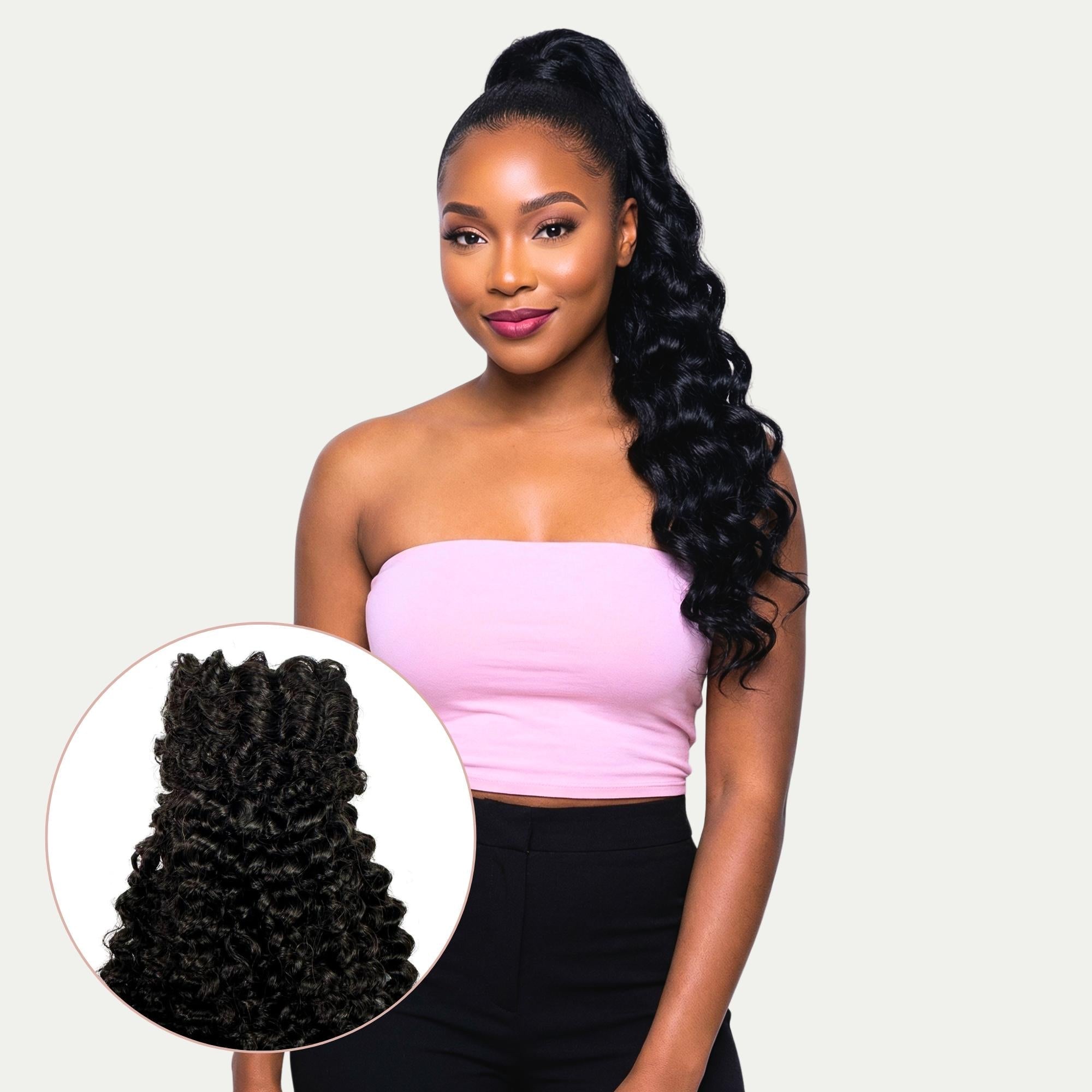 Front view of Jerry Curl Human Hair Ponytail Extension - HookedOnBundles Virgin Hair HookedOnBundles Virgin Hair