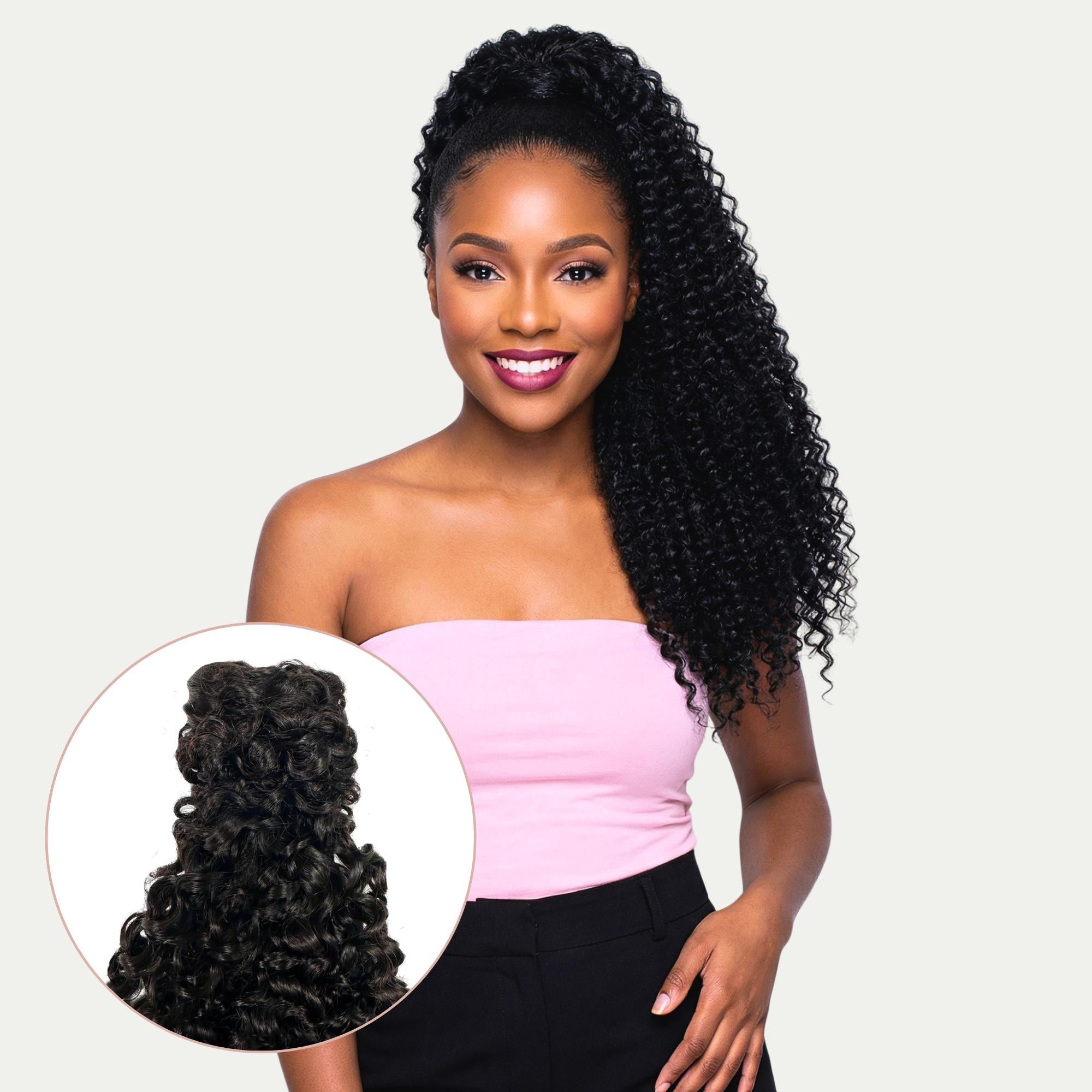 Front view of Kinky Curly Human Hair Ponytail Extension - HookedOnBundles Virgin Hair HookedOnBundles Virgin Hair