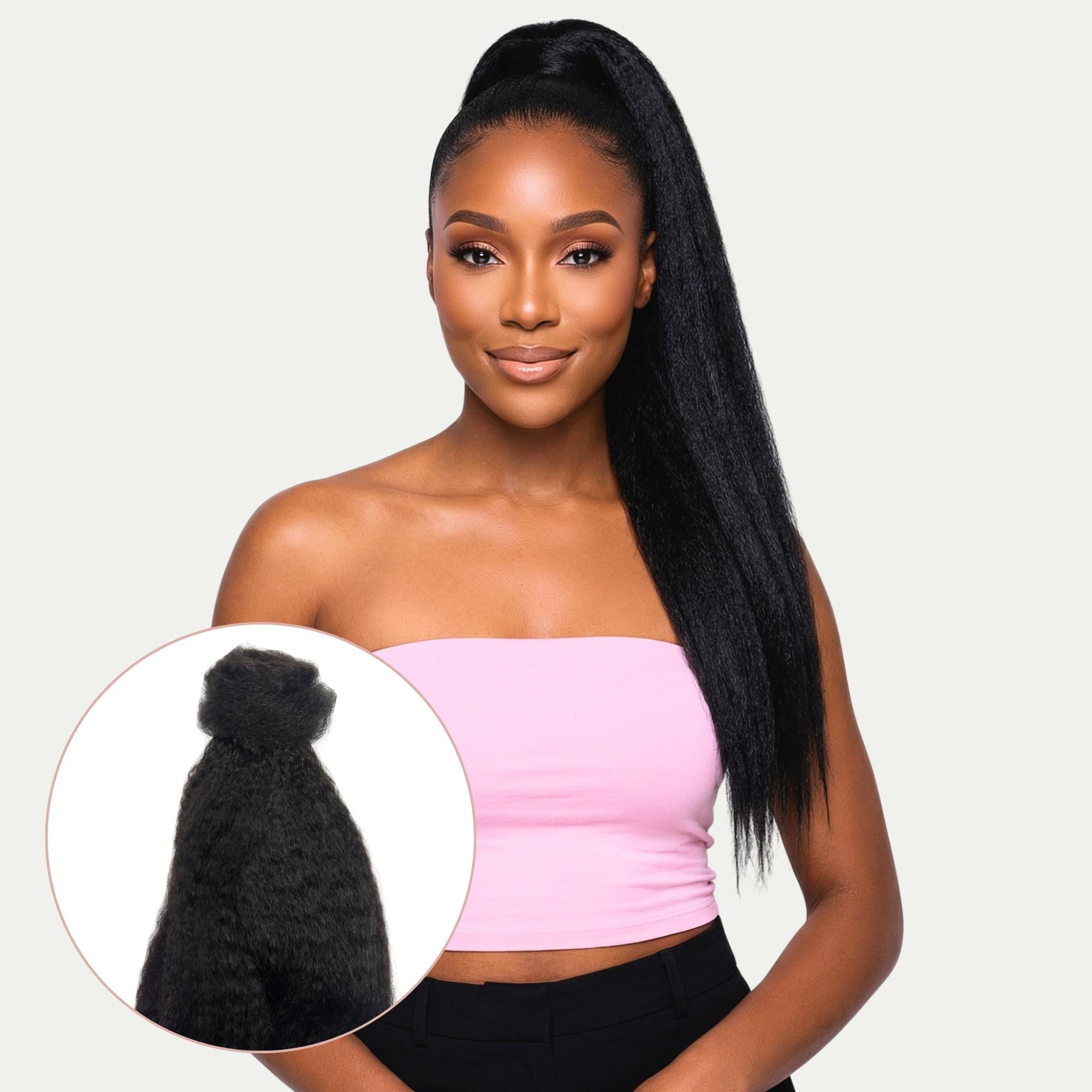Front view of Kinky Straight Human Hair Ponytail Extension - HookedOnBundles Virgin Hair HookedOnBundles Virgin Hair