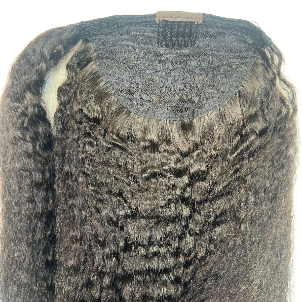 Side view showing length of Kinky Straight Ponytail Extension HookedOnBundles Virgin Hair
