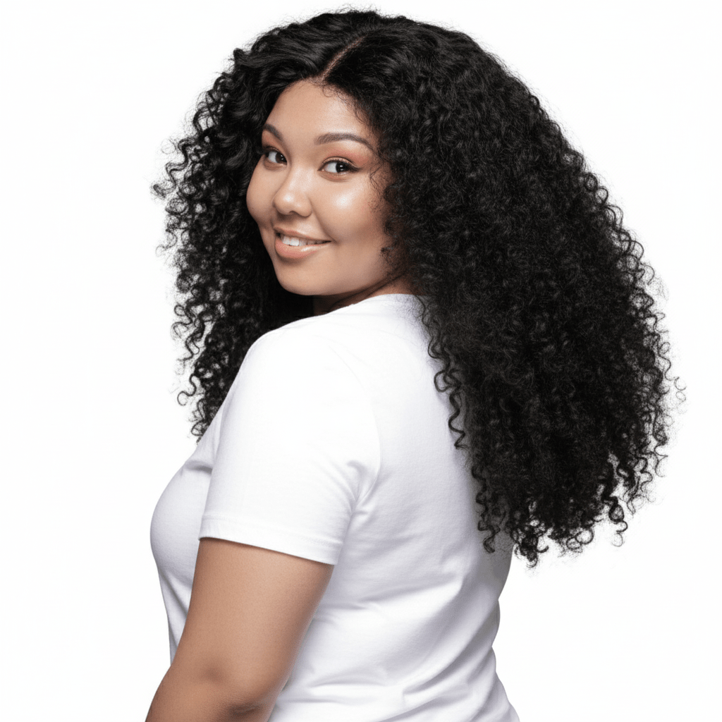 Over The Shoulder View of Kinky Curly Har Texture HookedOnBundles Virgin Hair