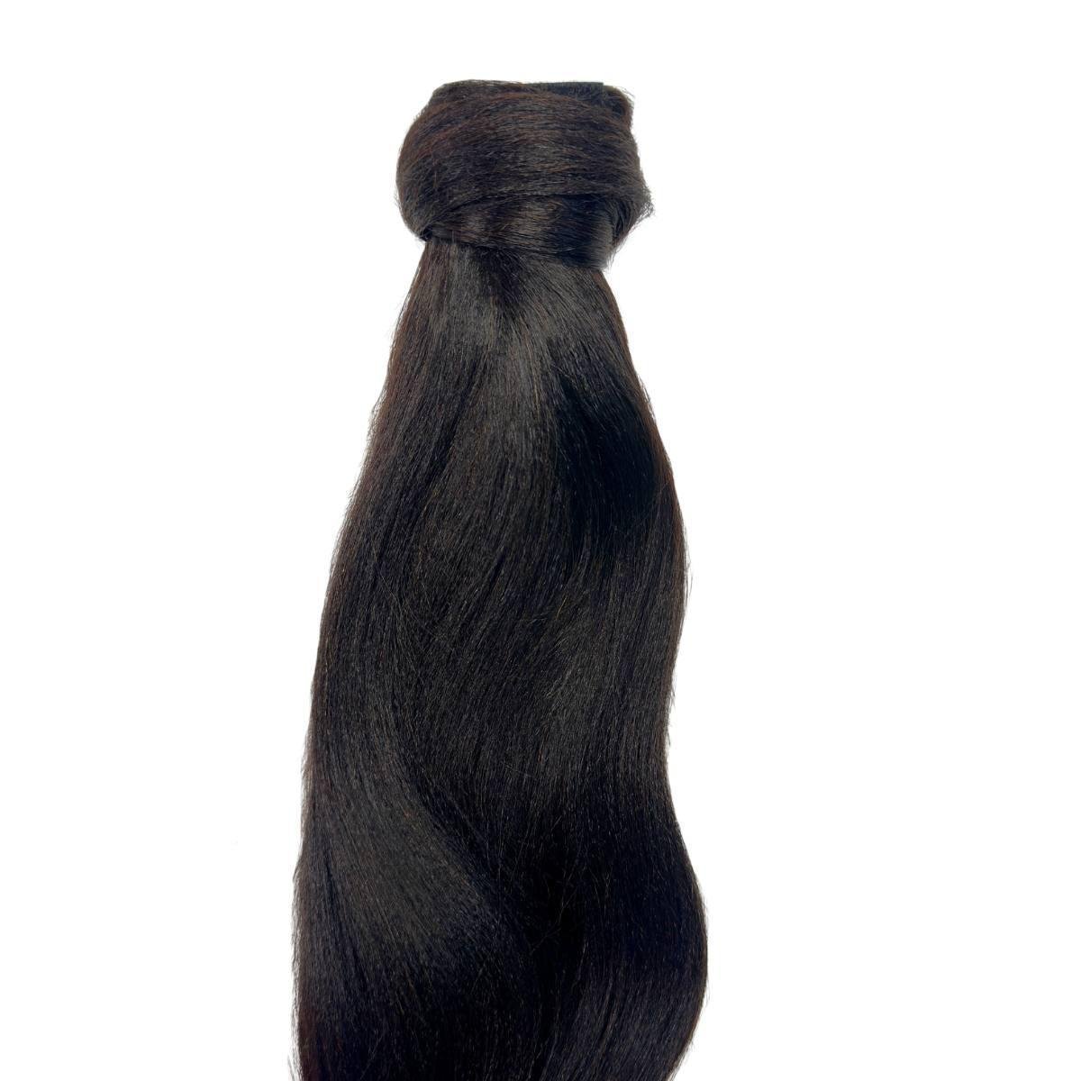 Side view showing length of Yaki Straight Ponytail Extension HookedOnBundles Virgin Hair
