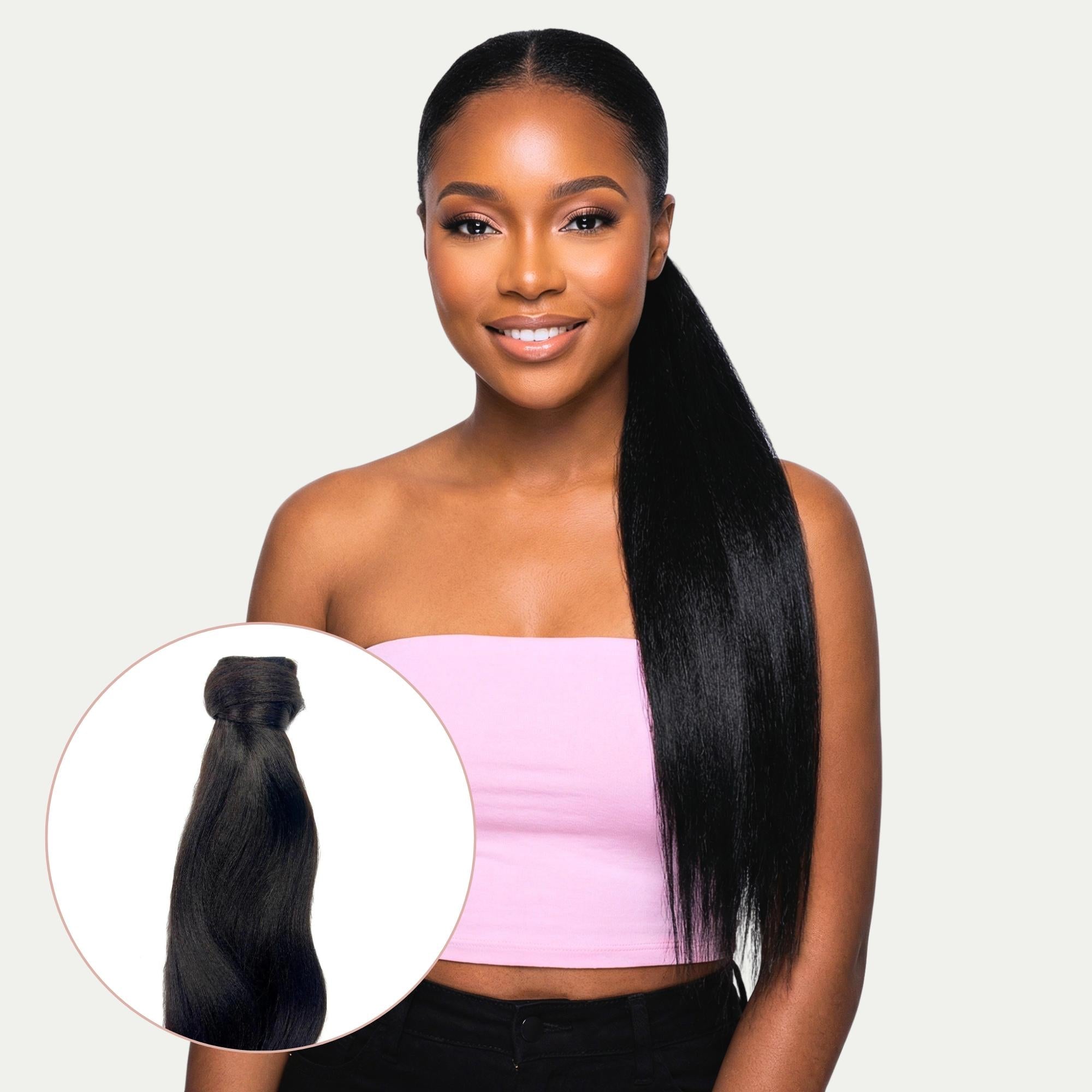 Front view of Yaki Straight Human Hair Ponytail Extension - HookedOnBundles Virgin Hair HookedOnBundles Virgin Hair